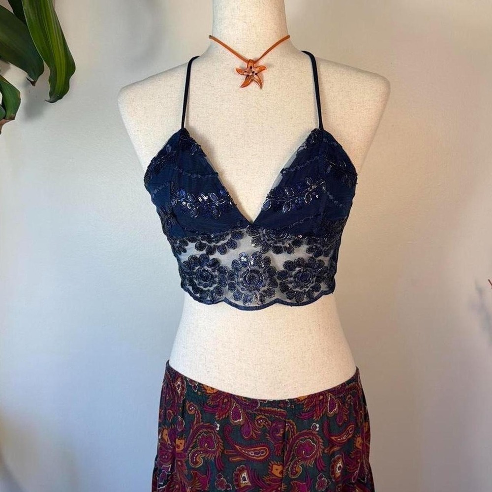 Lucy in the Sky Navy Blue Beaded Lace Halter Backless Cropped Top XS